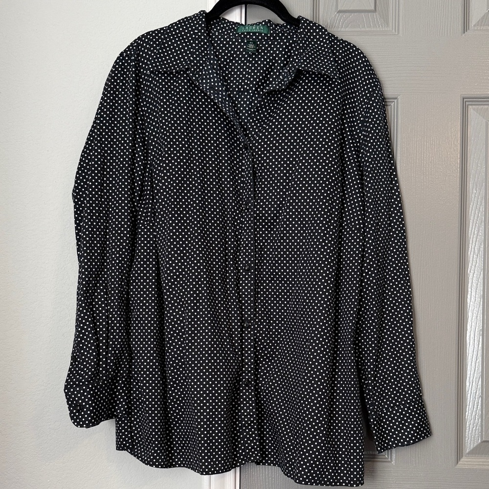 Ralph Lauren Plus Size Classic Cotton Black Blouse with White Polka Dots